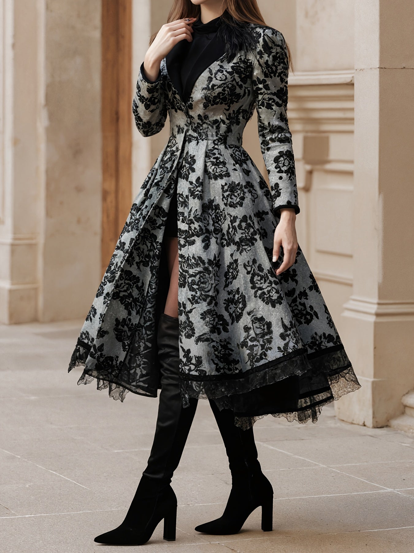 New Women’s Evening Dress, Lace Decoration, Collar, Flower Print Press, Long Sleeve, Dance Dress