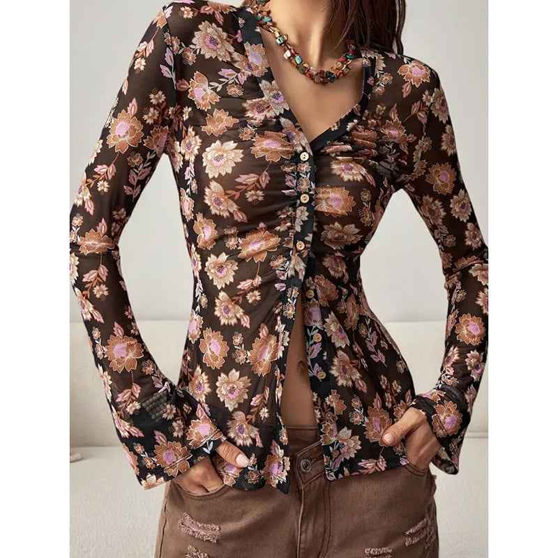 Women Button Down Floral Shirts 2025 Fall Trendy Long Sleeve V Neck Ruched Fitted Blouse Tops