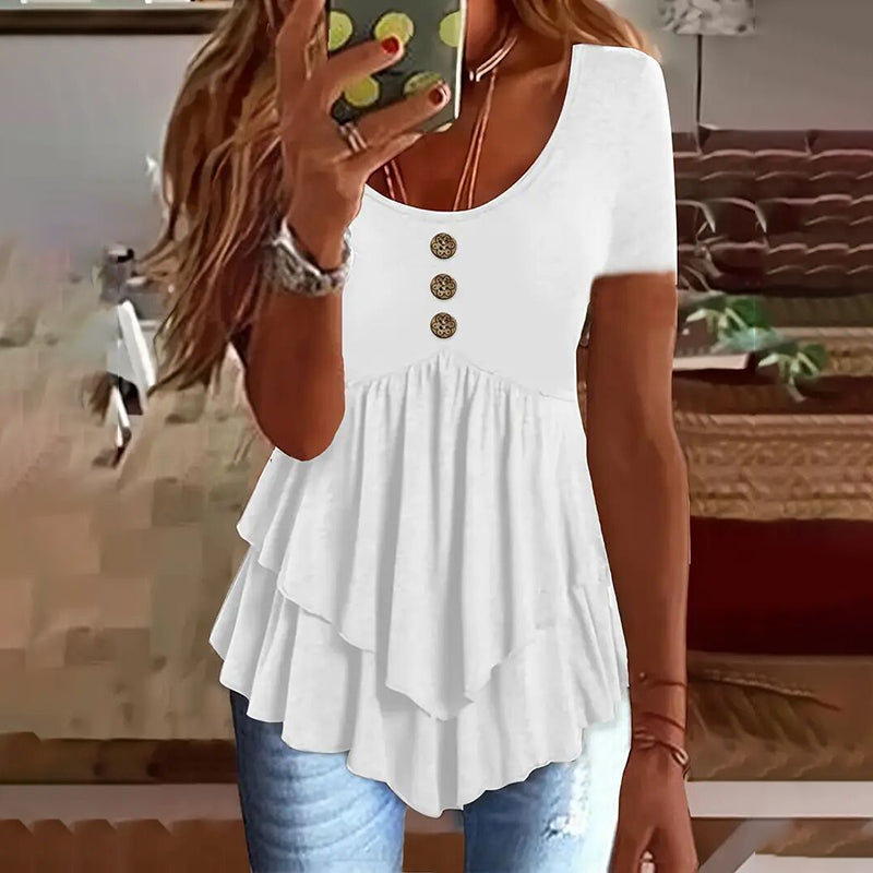 Women's Solid Color Button Front Tunic Top Casual Loose Fit Crew Neck Summer Blouse T-Shirt