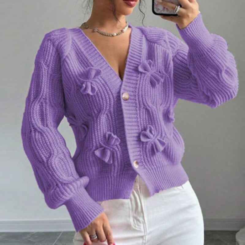 Women's Bow Cropped Cardigan - Long Sleeve V-Neck Button Down Knit Sweater Top
