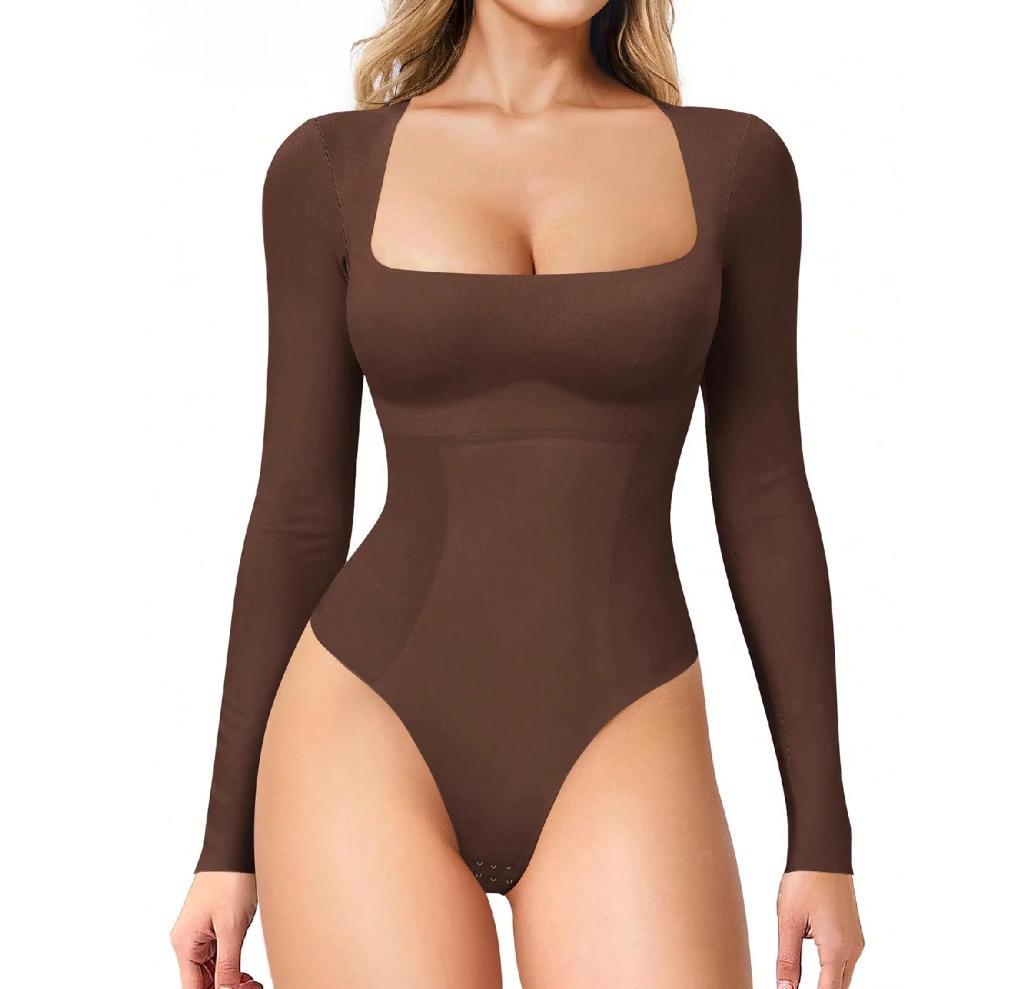 Women's Long Sleeve Square Neck Tummy Shaper Bodysuit Sexy Slimming Elegant Lingerie