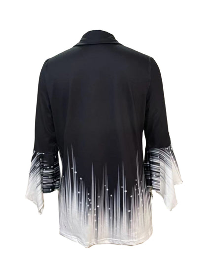 Spring And Autumn New Printed Lapel Three-quarter Sleeve T-shirt Irregular Cuff Button Top