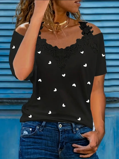 New Summer Short-sleeved Lace Heart Print T-shirt Women's Top