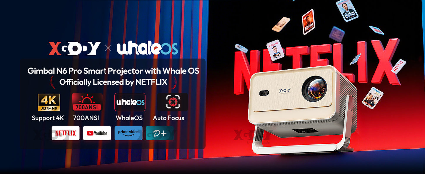 XGODY Projector N6 Pro Netflix Officially 4K Voice Control Smart Android TV Whale OS 32GB ROM for Outdoor Movie Home Theater
